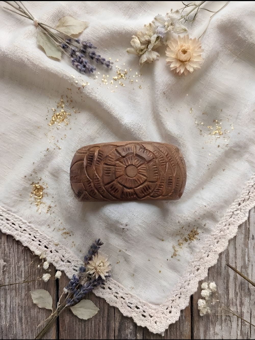 Carved Wooden Floral Bangle Bracelet - Brown